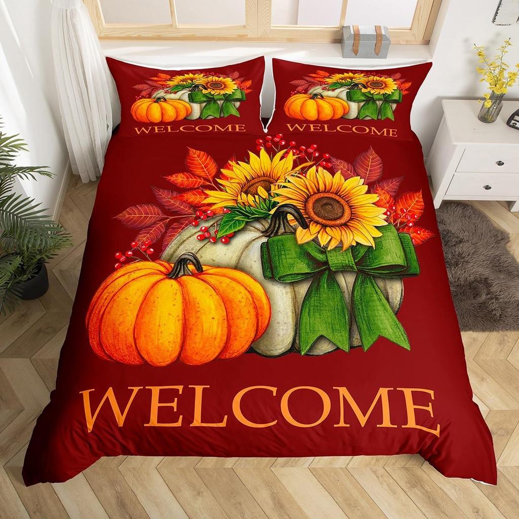 Hapy Thanksgiving Soft Duvet Cover Fal Maple Leaf Beding Set Microfiber Gnome Gold Pumpkin Farm Harvest Warm Comforter Cover Twin King