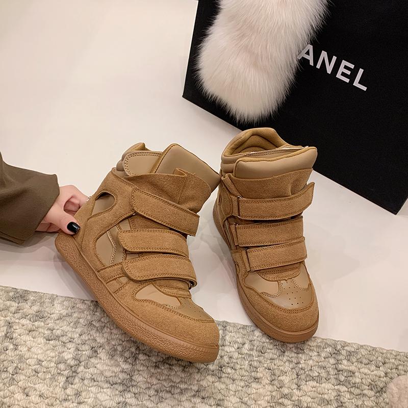 Spring Women Leather Wedge Platform Boots Hidden Heel Platform Shoes High Top Sneaker Casual Shoes for Woman Ankle Boot