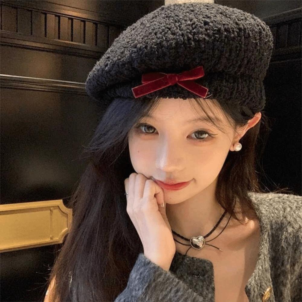 Bow Women Plush Beret Adjustable Newsboy Cap Retro Summer Tourism Beret  Autumn and Winter