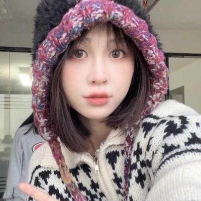 Autumn and Winter New Plush Ear Protection Bag Head Hat Women's Warm Versatile Wool Knitted Hat Mixed Color Drawstring