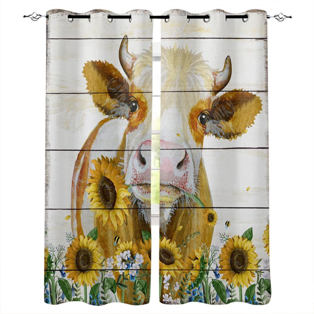 Animal Cow Color Oil Painting Window Curtains Bedroom Kitchen Drapes Panel Curtains for Living Room Christmas Home Decor