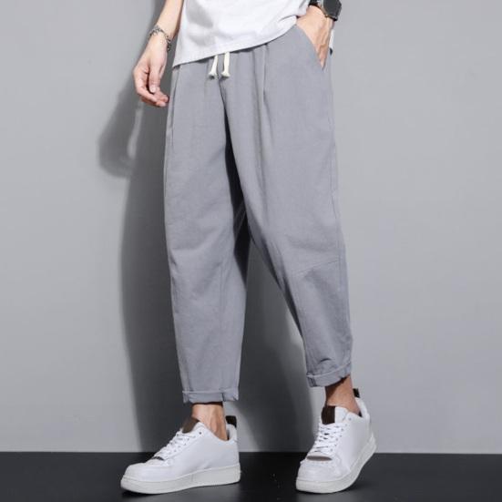 Men Ninth Pants Thin Side Pockets Elastic Waist Wide Japanese Style Drawstring Leg Solid Color Retro Gym Traning Jogging