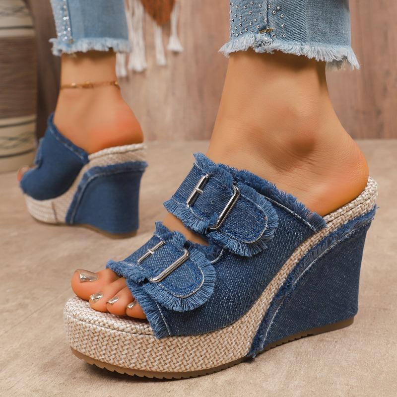 Women's Denim Platform Flip-Flops Summer New Round Toe Open Toe Metal Belt Buckle Slide-Proof Heels