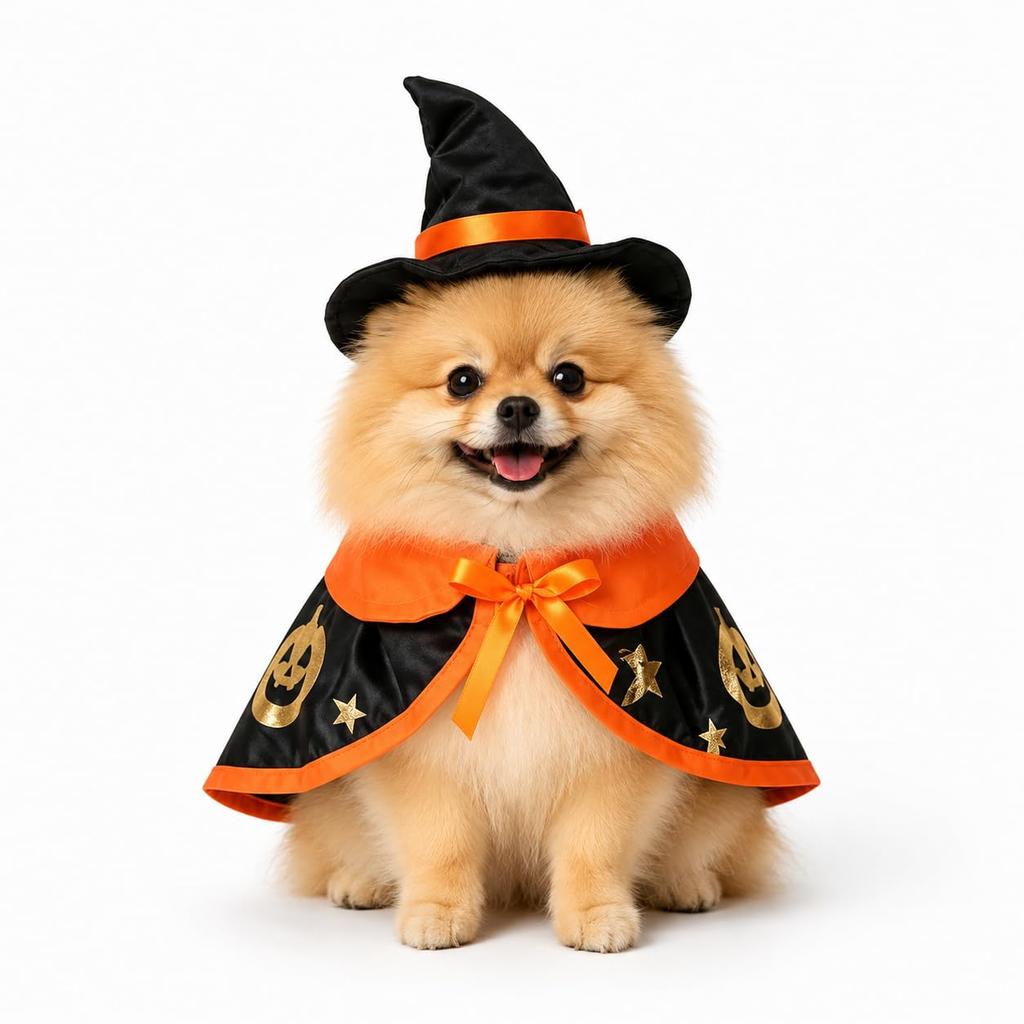 Dog Cat Halloween Costume 2-piece Set Witch Hat Pumpkin Cape Pet Disguise Cloak Outfit Cats Small Dogs Medium Cute Cosplay (M Size) Parallel Import