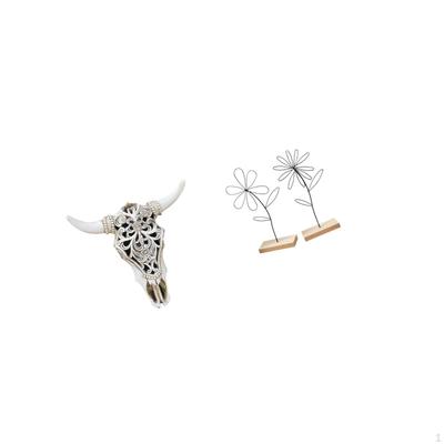 Tribal Bull Head Sculpture And Iron Flower Statue Wall Hanging Art Minimalist Metal Wire