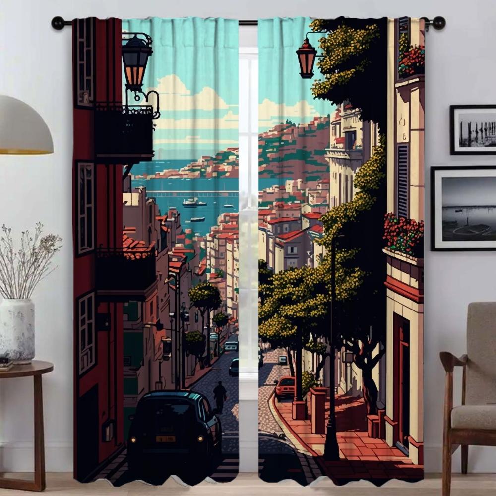 Cities Pixel Art Curtains Child Room Partition Blackout Curtain for Room 2 Panel Home Interior Curtains Shades Living Kitchen