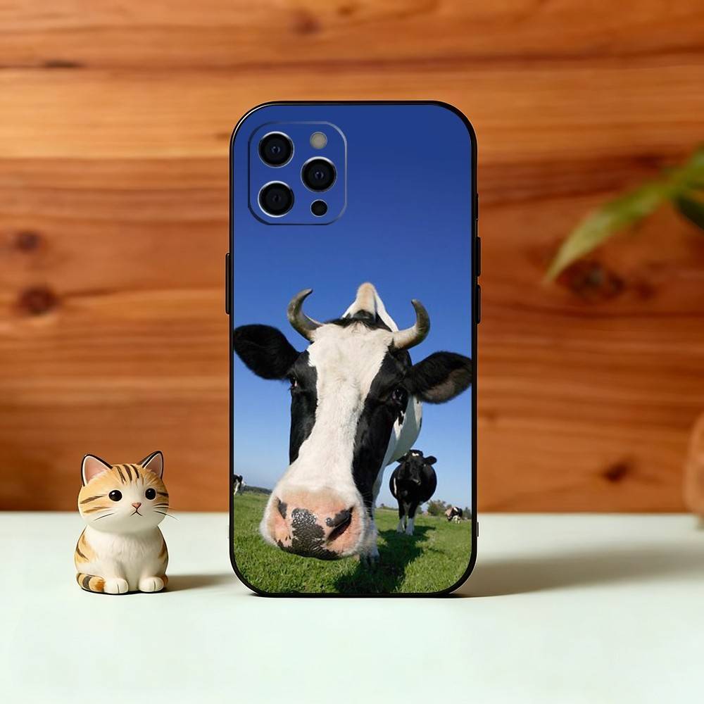 Cute Cattle Phone Case For iPhone 17,16,15,14,13,12,11 Plus,Pro Max,XS,Soft Silicone Black Cover