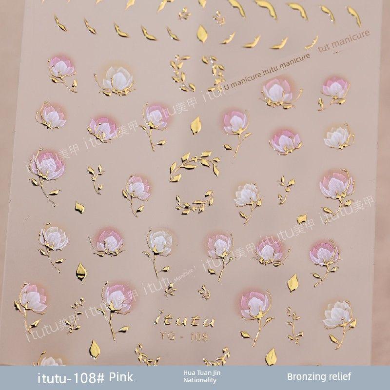 

New Arrival Fairy Blooming Flower Nail Stickers Flower Clusters Golden Branch Embossed Gilding Stickers Pink Blue Little Flower itutu-108# pink flower clusters bronzing relief