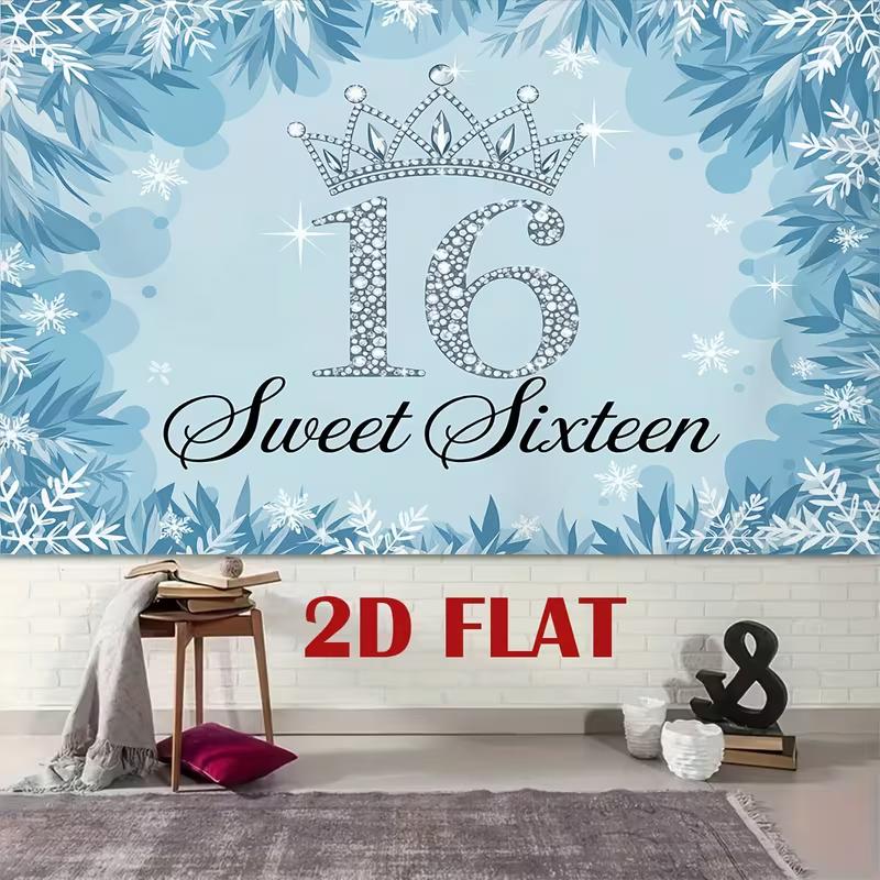 2D Flat Blue Snowflake & Number 16 Photography Background Cloth