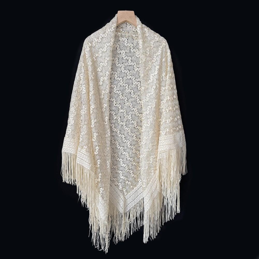 Versatile 140×140cm Lace Shawl Hollowed-out Design Breathable Tassel Shawl Elegant Evening Gown Shawl for Women
