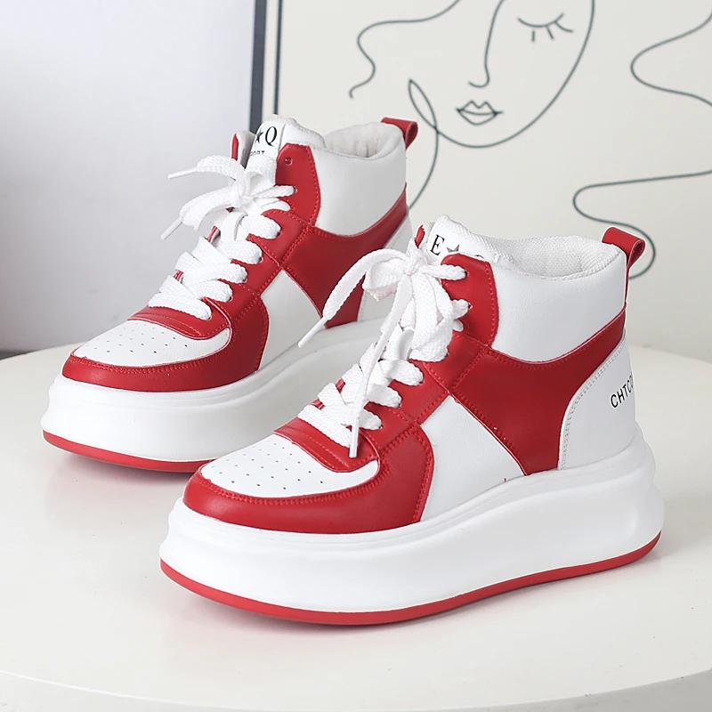 Fashion 8CM Genuine Leather Women Casual Shoes Platform Wedge Women Fashion Sneakers Chunky Shoes Summer Vulcanize Skateboard