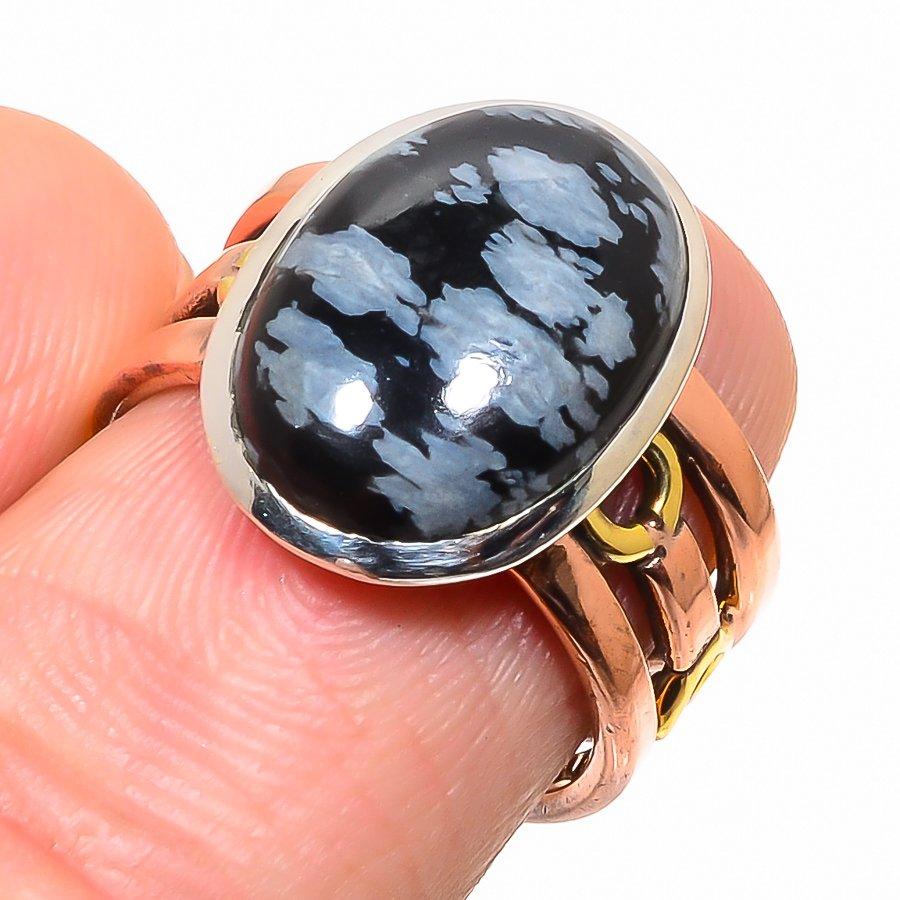Natural Snowflake Obsidian Two Tone 925 Sterling Silver Jewelry Ring S.6.5 t8W25