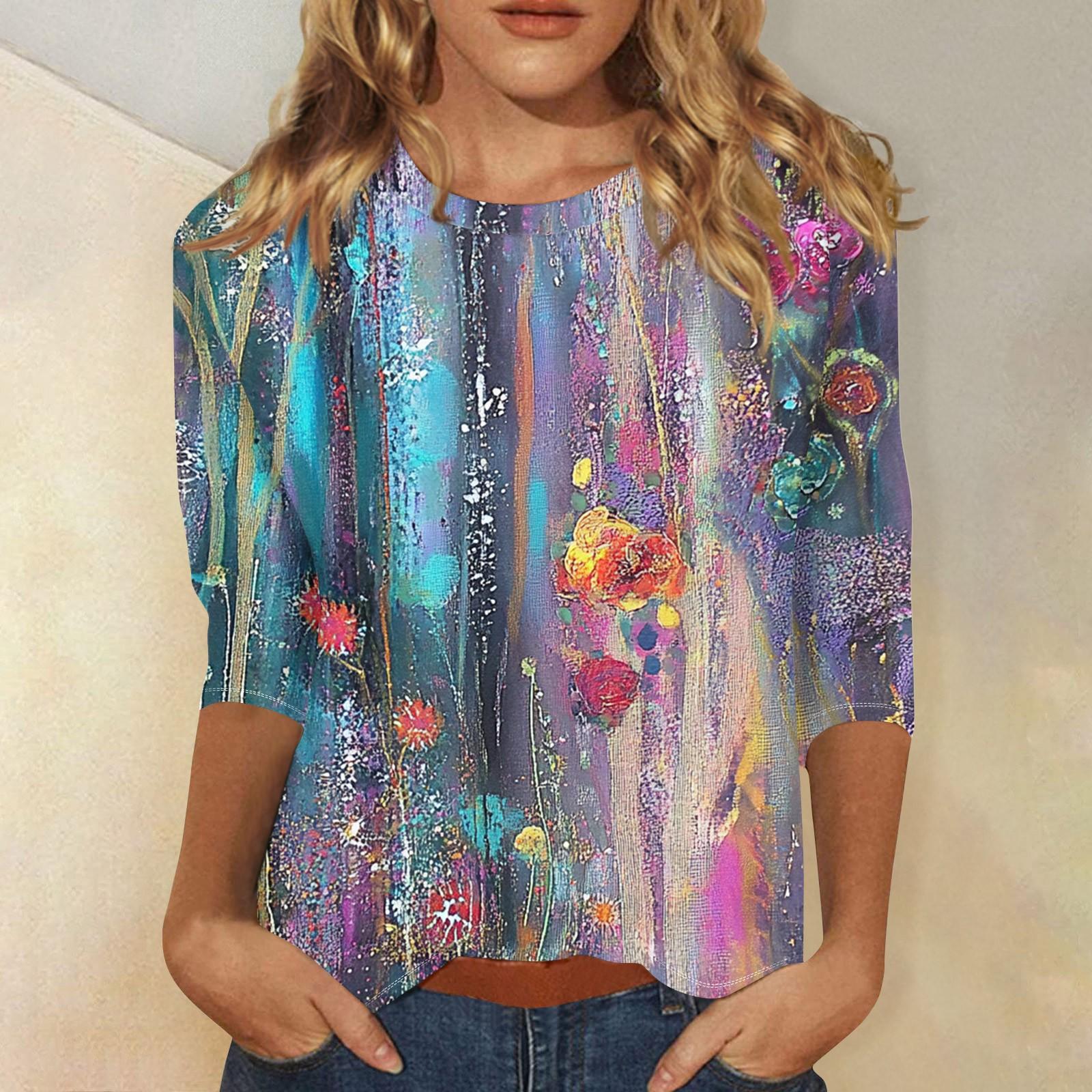 

Женская мода повседневный топ с рукавом три четверти с цветочным принтом и круглым вырезом M