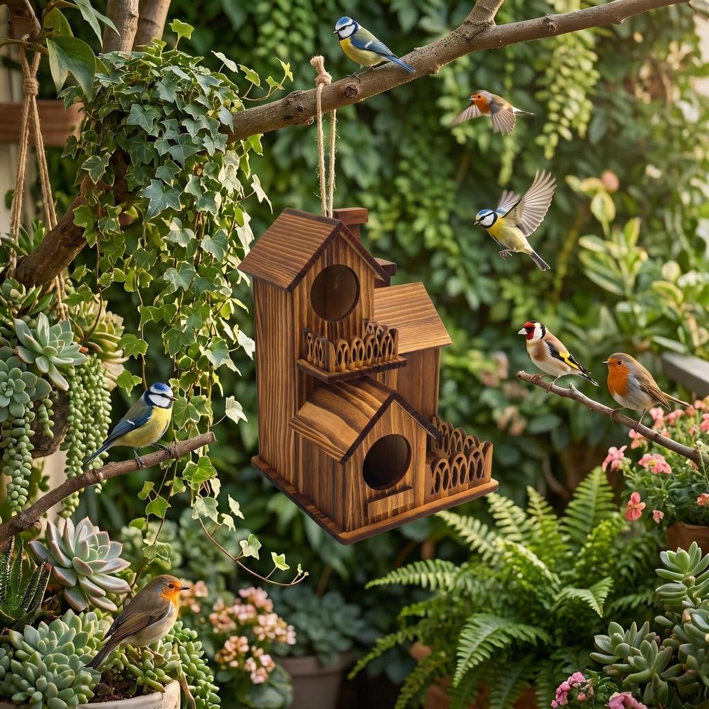 Wooden Bird's Nest Outdoor Hanging Bird Cage Feeder Outdoor Wild Bird Feeder Wooden Villa Bird House