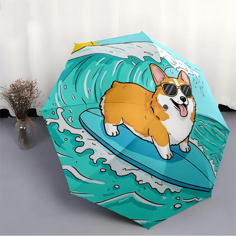 1pc Surfing Corgi Automatic Open/Close Umbrella Compact Folding Umbrella, All-Season Portable Umbrella for Women/Men F1124073