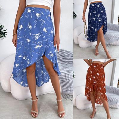 Damen Frühling Sommer Hohe Taille Blumenmuster Unregelmäßige Rüschen Rock