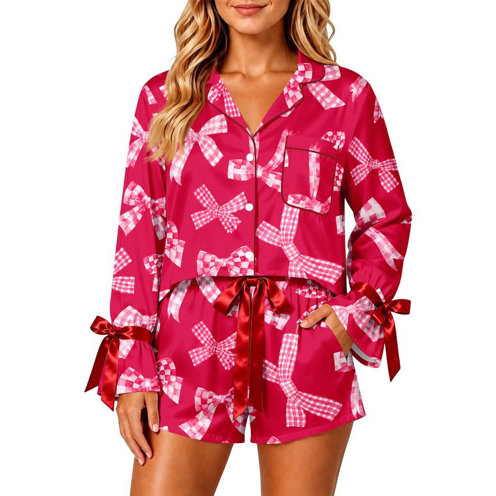 Women's Christmas Two Piece Pajama Set with Button Down Shirt and Shorts Sleepwear
