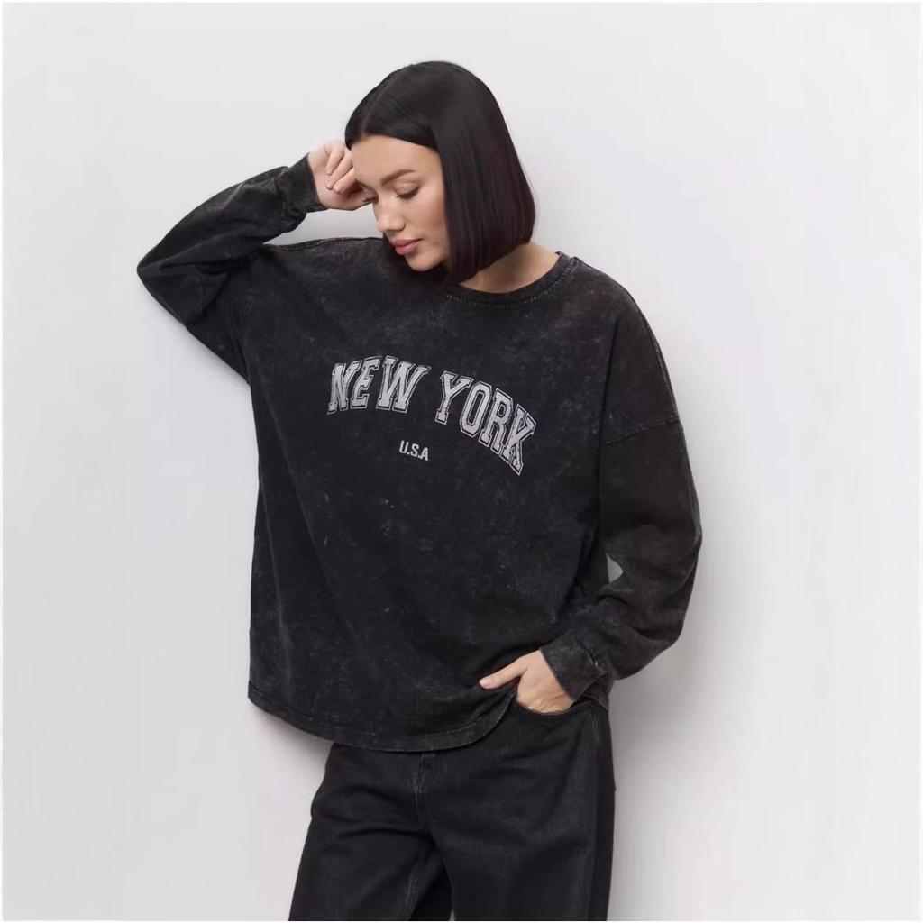 Vintage European-American Style Black Cotton Print Long Sleeve Slimming T-Shirt for Women