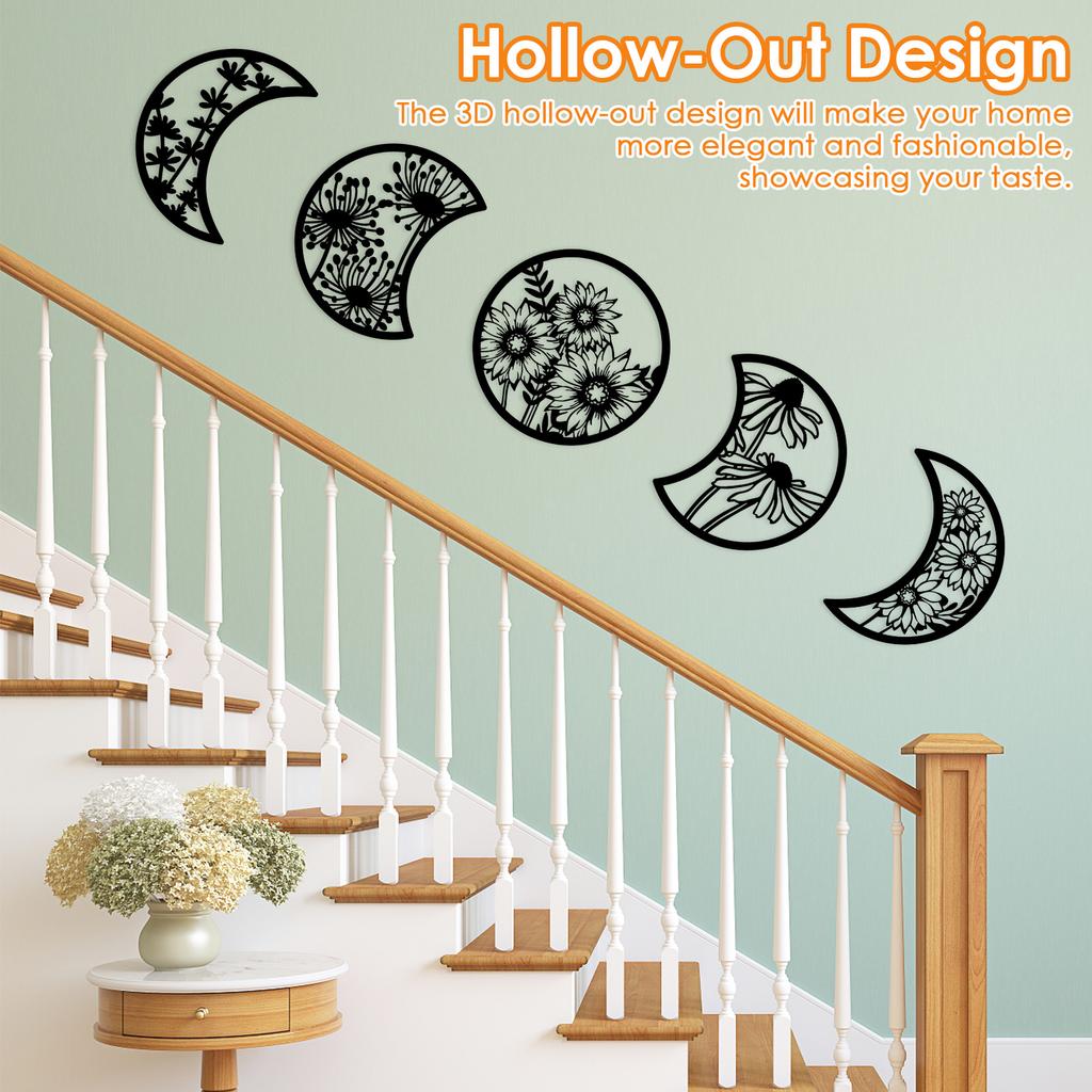 5Pcs Moon Phase Wall Hanging Decor Art Above Bed 10.6" H Boho Moon Phase Wood Wall Pediment Ornament for Living Room Bedroom