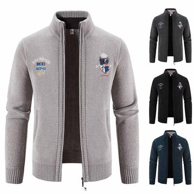 Sweater Men's Sweater Autumn and Winter New Embroidered Outer Wear Plus Velvet Thickened Stand Collar Jacket Korean Style Trendy Outer Wear