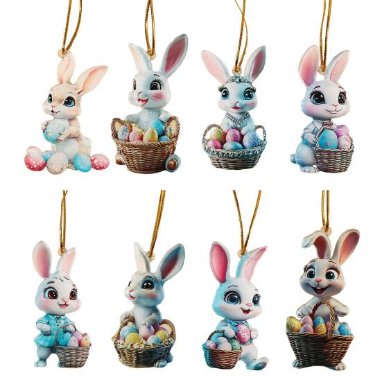 Easter Bunny Ornament 2D Flat Acrylic Bunny Car Rearview Mirror Charm Cartoon Bunny Egg Hanging Pendant for Home Car Window Backpack Holiday Decor