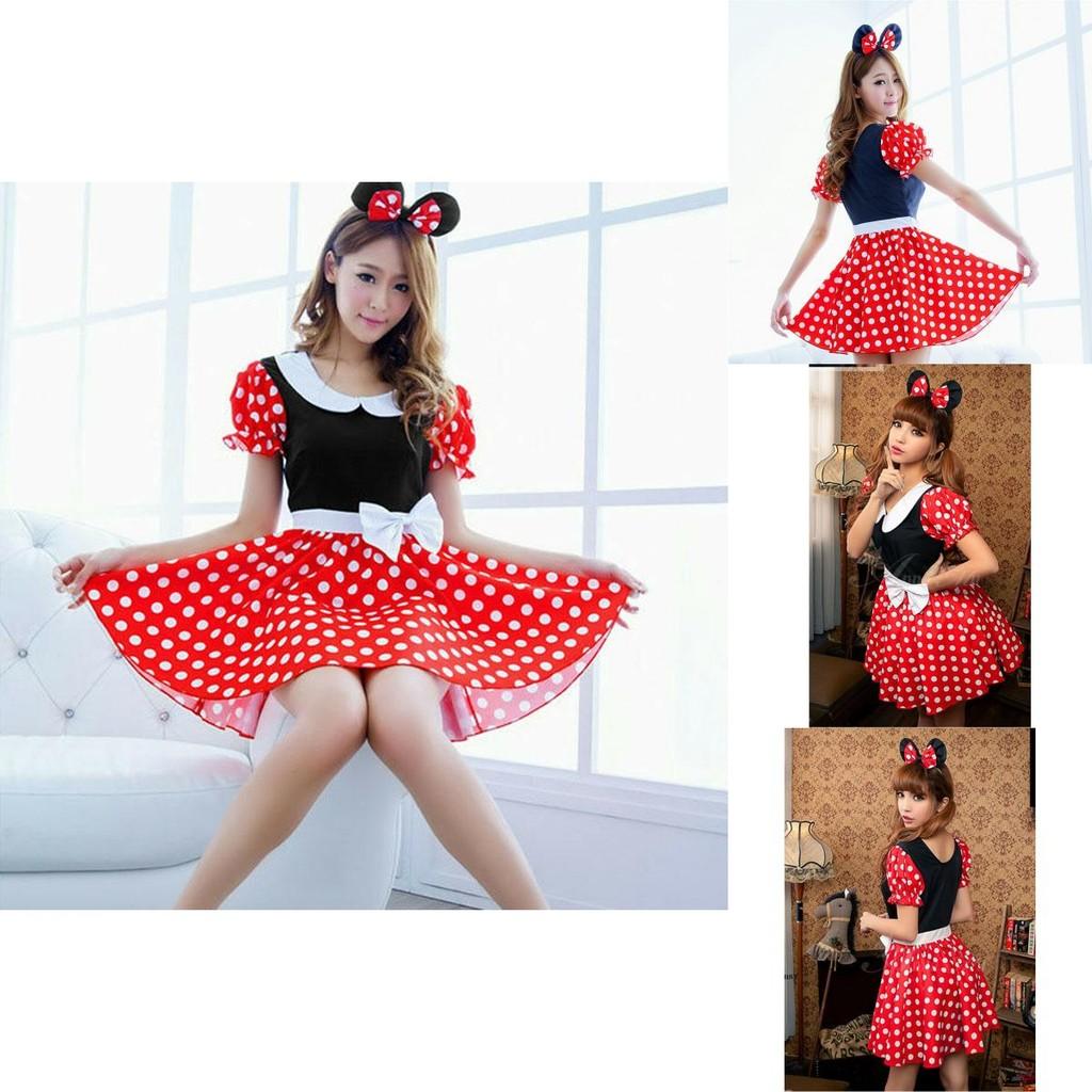 Costum Elegant Sexy pentru Femei Adulte cu Desene Animate Minnie Mouse cu Buline pentru Halloween