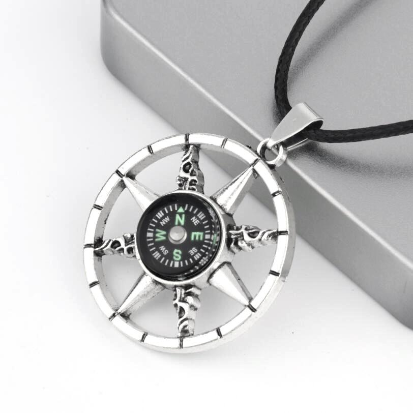 Compass Necklace Retro Titanium Steel Stainless Steel Alloy Pendant Gift Jewelry Leather Rope Chain