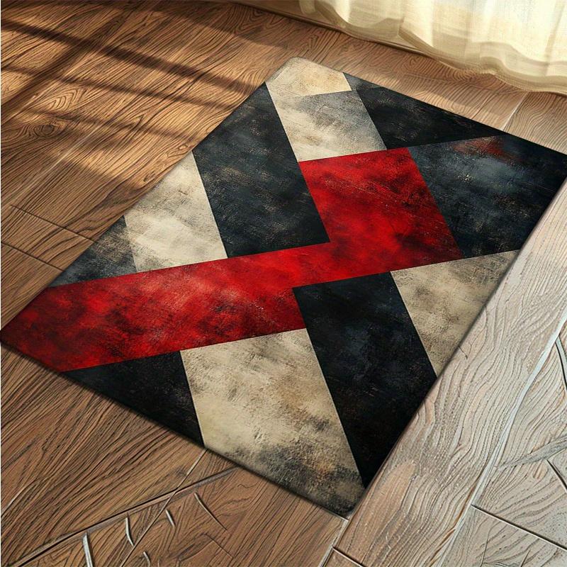 1pc Modern Geometric Flannel Sponge Mat - Non-Slip, Washable Kitchen Floor Mat with Black, White, and Red Geometric Patterns, Pe
