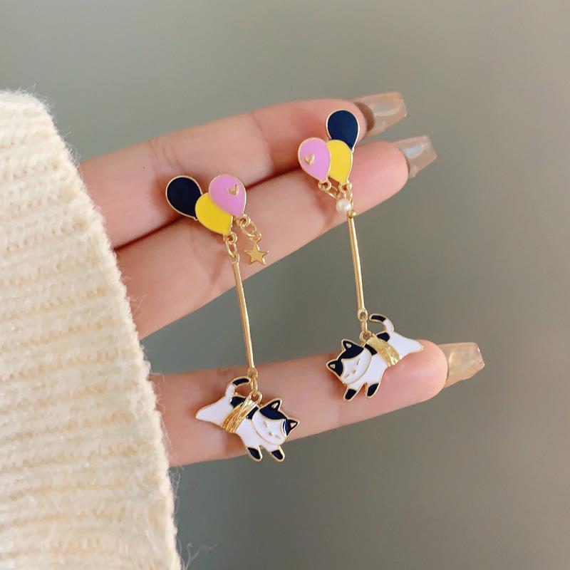 S925 Sterling Silver Cartoon Cat & Balloon Earrings for Women