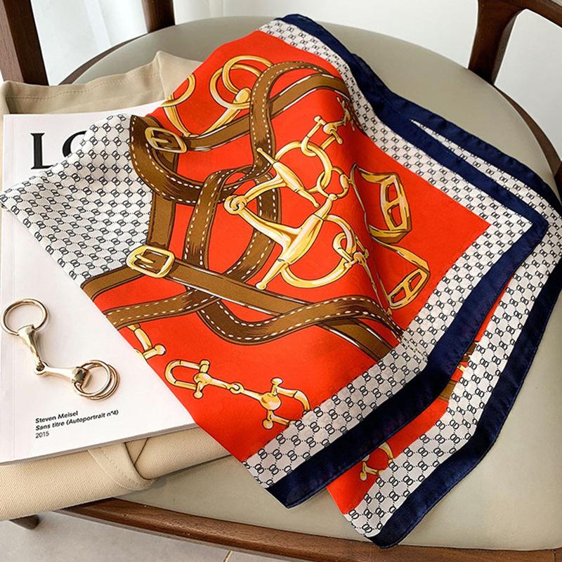 Foulard in raso di seta con stampa a catena da 70 cm per donna, fazzoletto stampato, bandana quadrata da testa per donna, scaldacollo piccolo, Hijab, signora, ragazza