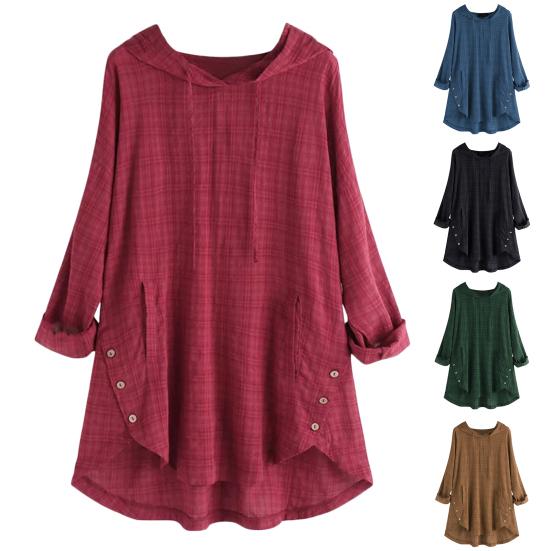 Women Top Loose Checked Long Sleeves Pullover Drawstring Dress Up Hooded A-line Plus Size Fall Shirt Female Clothes