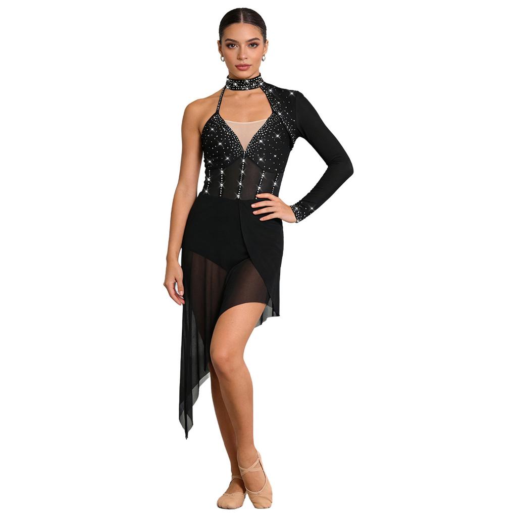 Body Vestito da Danza Lirica da Donna con Strass Manica Lunga Singola Orlo Irregolare in Rete