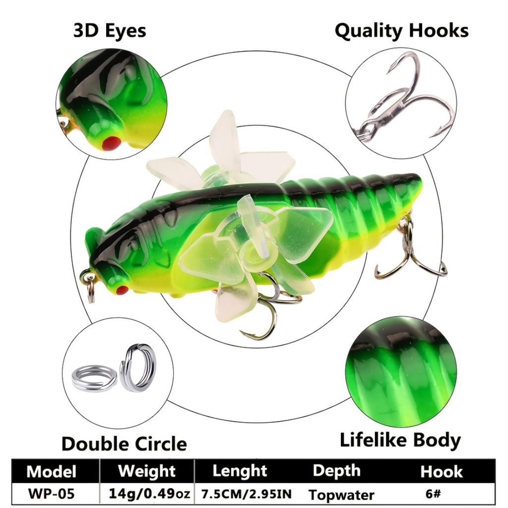 7,5 cm 14G Oberflächen-Rotations-Zikaden-Köder, Bionischer Kunststoff-Hartköder Minnow Traktor-Köder für Süßwasser-Salzwasser-Angeln Angelzubehör