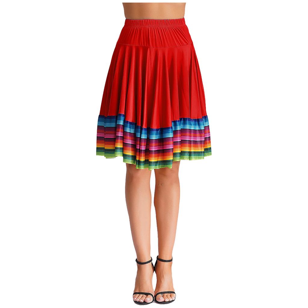 Womens Flamenco Dance Skirt Colorful Stripe Hem Elastic Waistband Folk Dancing Stage Performance Costume