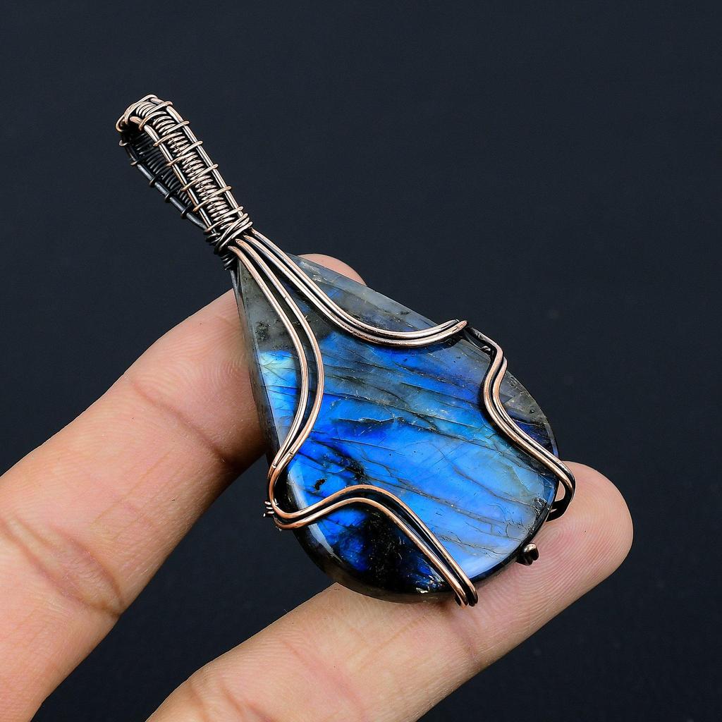 Labradorite Pendant, Handmade Gemstone 999 Copper Wire Wrapped Pendant Antique Jewelry, For Gift Silver Jewelry