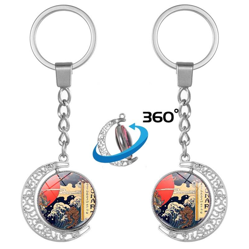 Japanese Wave Ukiyo-e Art Double-Sided Rotating Keychain Pendant