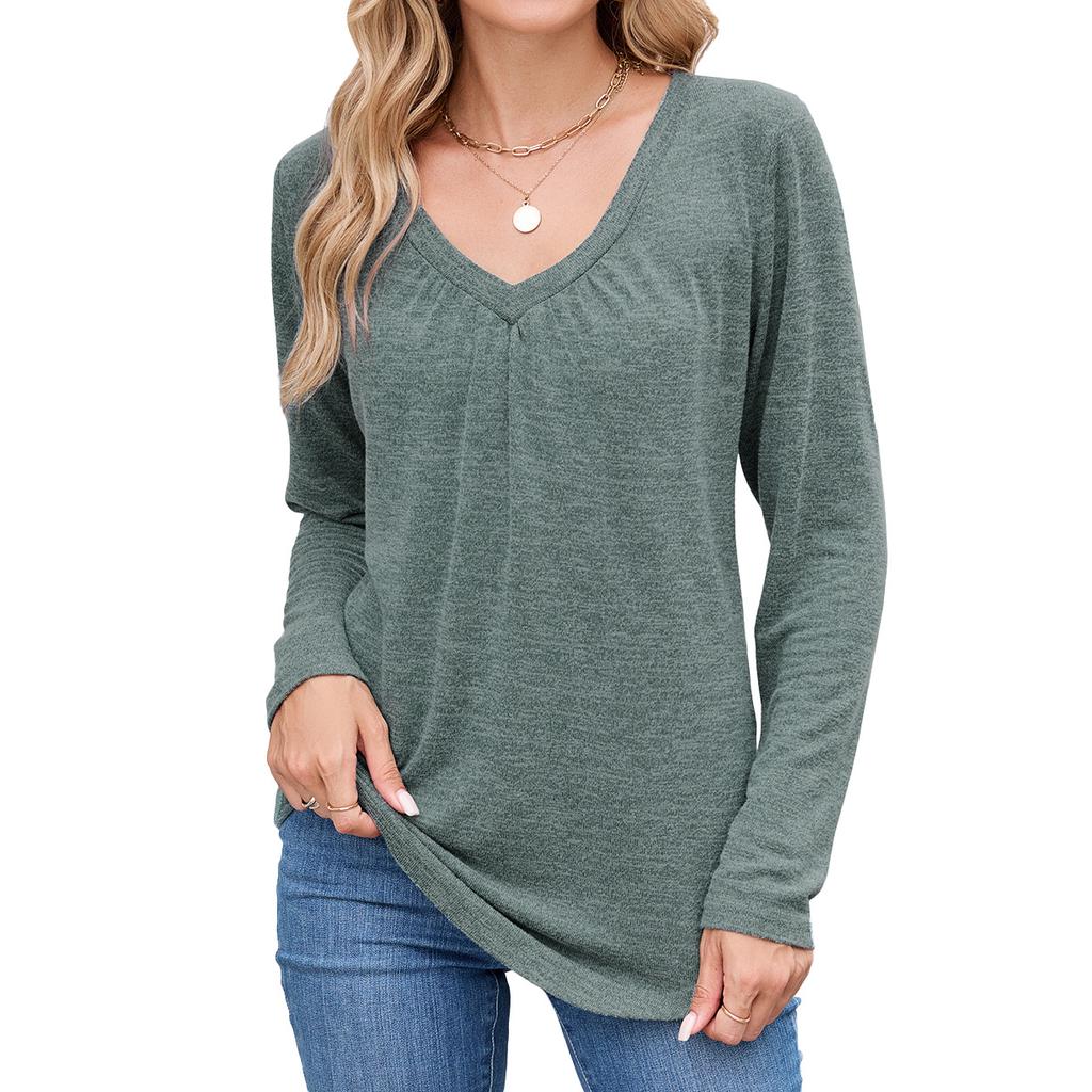 New Autumn and Winter Pleated V-neck Loose Long-sleeved T-shirt Top for Women
