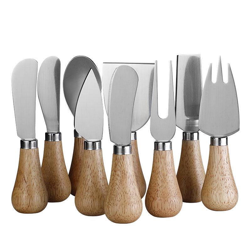 Rubber Wood Handle Stainless Steel Cheese Knife Set: Includes Fork, Spoon, Butter & Cream Knives