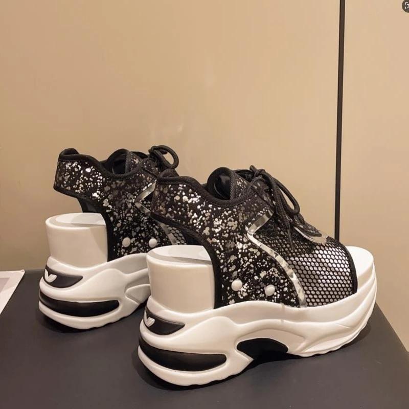 Fashion Air Mesh Breathable 8cm Women Sandals 2024 New Comfortable Shoes Fashion Summer Fish Toe Platform Wedge High Hidden Heels Ladies
