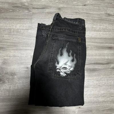 Mens Y2K Harajuku Hip Hop Straight Fit Denim Jeans With Skull Print Mid-Rise Slight Stretch Washed Cotton