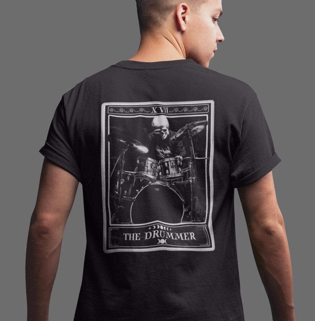 The Drummer Tarot Card Shirt, BACK PRINT Drum Player XL