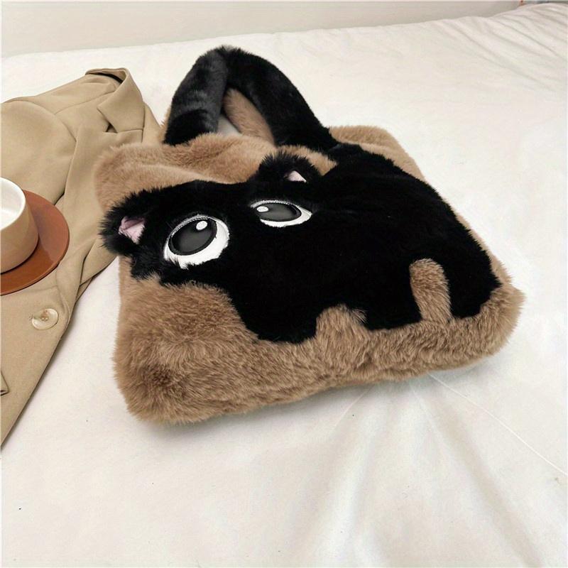 Fashion Cute Plush Cat Pattern Shoulder Bag, Autumn Winter Chic Plush Tote Bag for Women, Cartoon Cat Soft Faux Fur Handbag