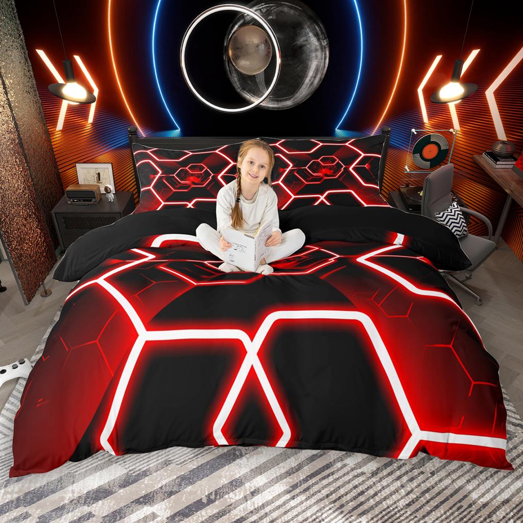 Homewish Gradient Honeycomb Duvet Cover Set 2pcs/3pcs, Neon Lights Hexagon Bedding Set, Black Geometric Comforter Cover Set