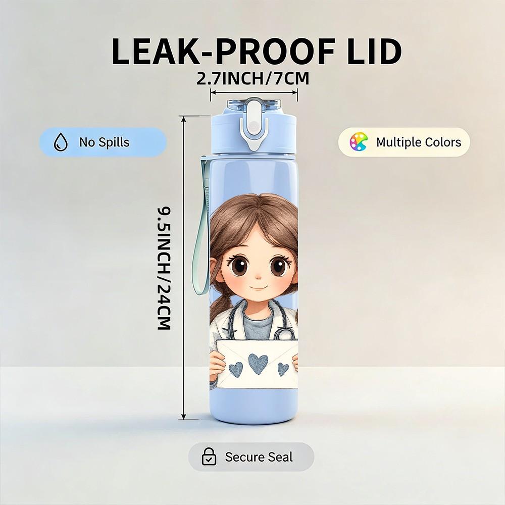 1PC Cute Girl With Heart Cartoon 750ml Color Plastic Sports Water Bottle Leakproof Flip Straw Lid Suitable for Sports Office Home Use