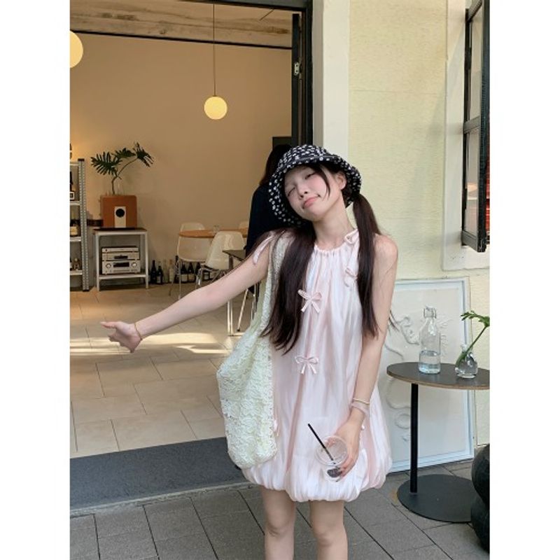 

Kumikumi Sweet Style Bow Short sleeve One piece Dress Women clothing Summer Age-Reducing Chic Lace-up Flower Bud Skirt Short dress Vest model One size