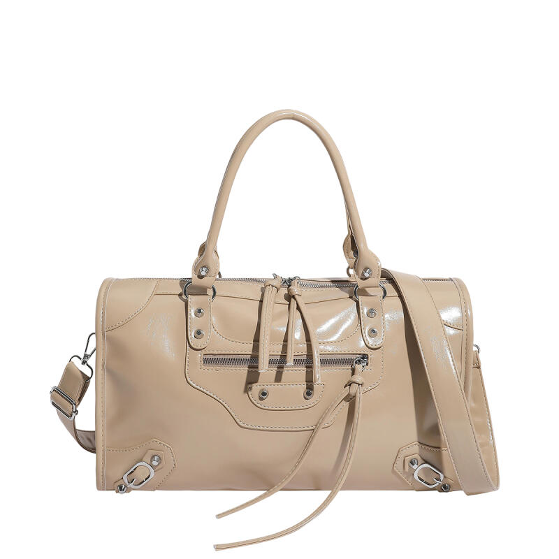 Glossy Faux Leather Duffel Bag Women's Fashion Shoulder Tote with Front Zip Pocket and Adjustable Strap