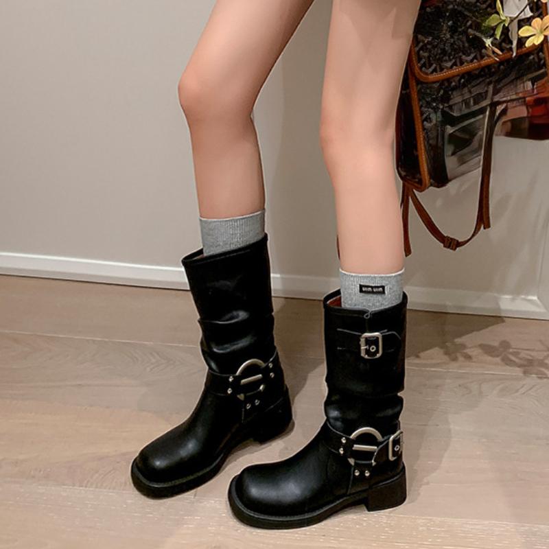 European and American Belt Buckle Stacking Boots 2024 New Retro Solid Color Simple Mid Length Women's Boots Zapatillas Deporte