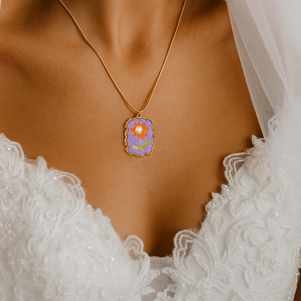 Dripping Oil Stainless Steel Chain Necklace Flower Clavicle Chain Sunflower Enamel Necklace  Women
