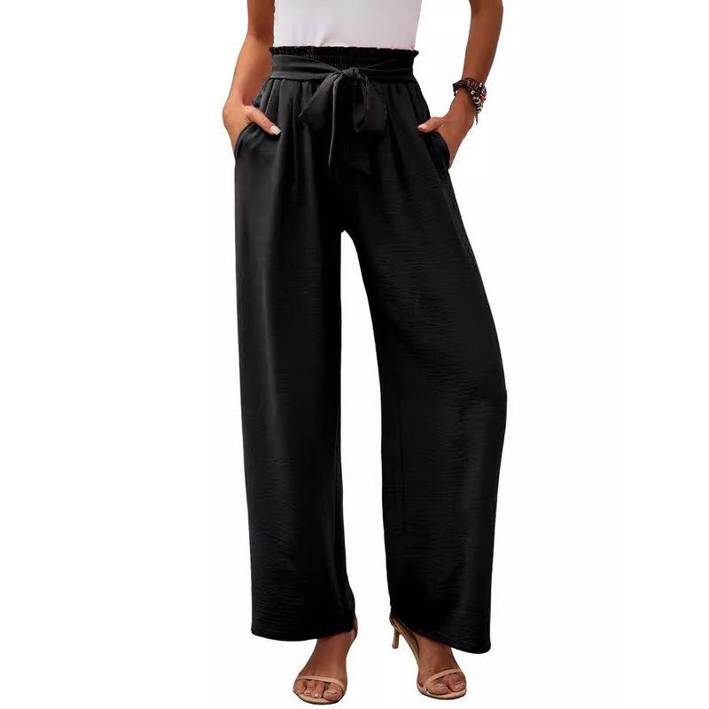 Solid Color Elastic Waistband Tied Pants Solid Elastic Waist Tether Pants Women