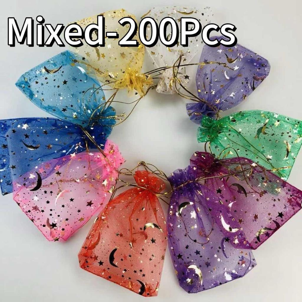 100pcs Organza Gift Bags with Small Drawstring Pouch, Grass Green, Moon Star, Wedding Packaging, Jewelry Storage Bags